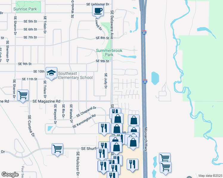 map of restaurants, bars, coffee shops, grocery stores, and more near 1305 Southeast Delaware Avenue in Ankeny