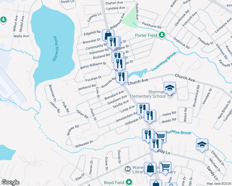 map of restaurants, bars, coffee shops, grocery stores, and more near 61 Greylawn Avenue in Warwick