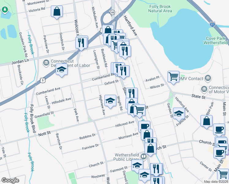 map of restaurants, bars, coffee shops, grocery stores, and more near 41 Wright Road in Wethersfield
