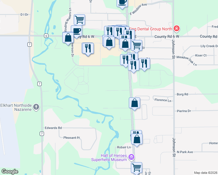 map of restaurants, bars, coffee shops, grocery stores, and more near 211 Karen Dr in Elkhart