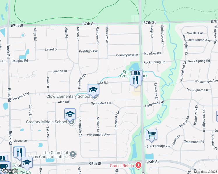 map of restaurants, bars, coffee shops, grocery stores, and more near 2565 Leach Drive in Naperville