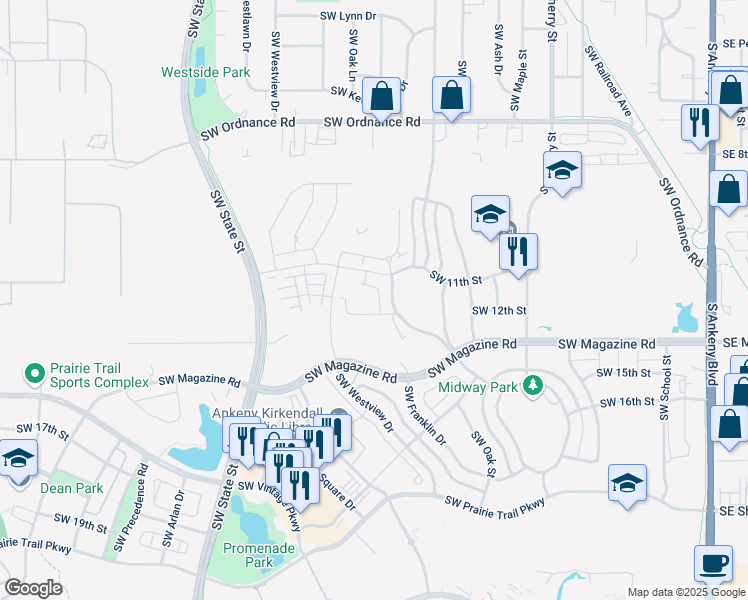 map of restaurants, bars, coffee shops, grocery stores, and more near 1101 Southwest Magazine Road in Ankeny