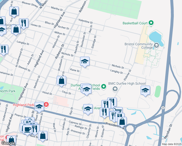 map of restaurants, bars, coffee shops, grocery stores, and more near 711 Ray Street in Fall River