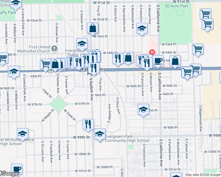 map of restaurants, bars, coffee shops, grocery stores, and more near 9603 South Albany Avenue in Evergreen Park