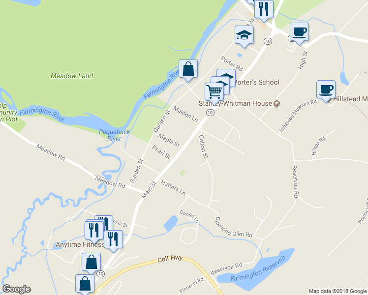 map of restaurants, bars, coffee shops, grocery stores, and more near 113 Main Street in Farmington
