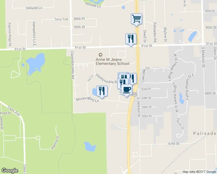 map of restaurants, bars, coffee shops, grocery stores, and more near 16W571 Honeysuckle Rose Lane in Willowbrook