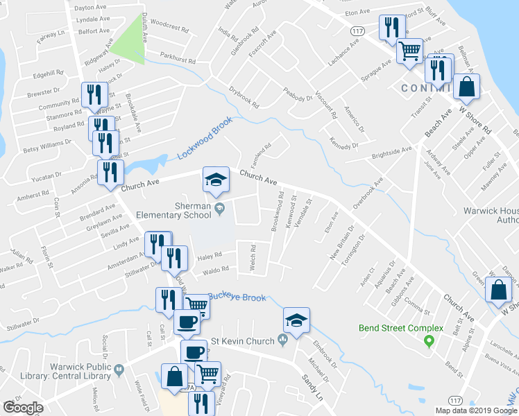 map of restaurants, bars, coffee shops, grocery stores, and more near 24 Hobbs Road in Warwick