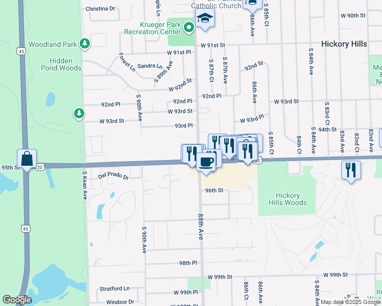 map of restaurants, bars, coffee shops, grocery stores, and more near 8813 95th Street in Palos Hills