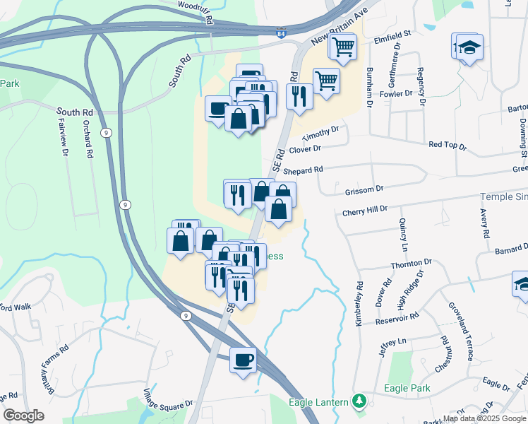 map of restaurants, bars, coffee shops, grocery stores, and more near 1603 New Britain Avenue in West Hartford