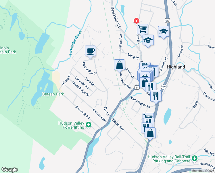 map of restaurants, bars, coffee shops, grocery stores, and more near 1 Tano Drive in Highland