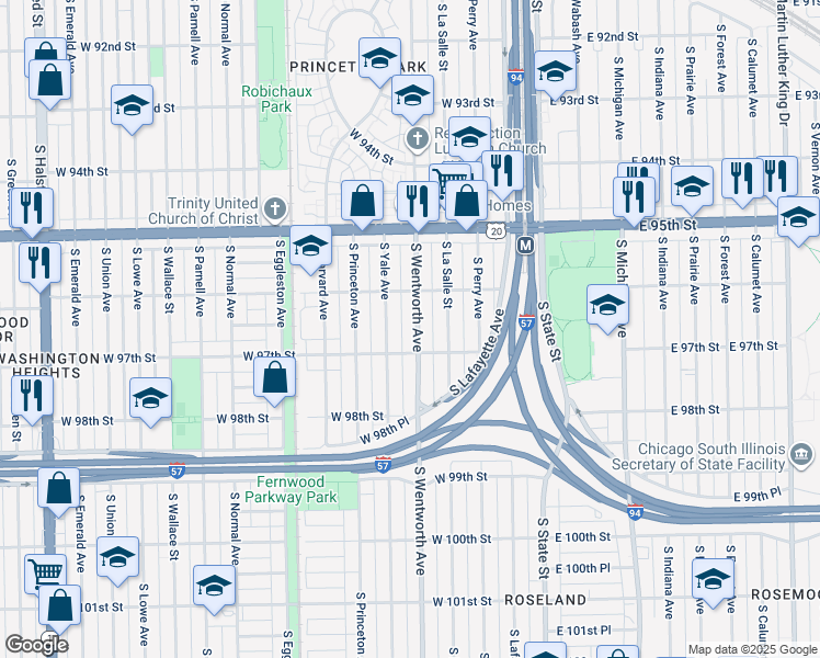 map of restaurants, bars, coffee shops, grocery stores, and more near 9636 South Wentworth Avenue in Chicago