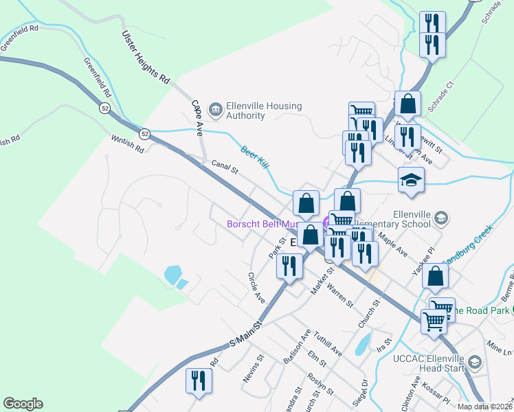 map of restaurants, bars, coffee shops, grocery stores, and more near 29 Center Street in Ellenville