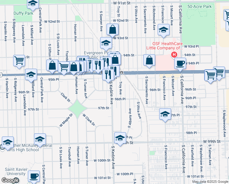 map of restaurants, bars, coffee shops, grocery stores, and more near 9560 South Kedzie Avenue in Evergreen Park