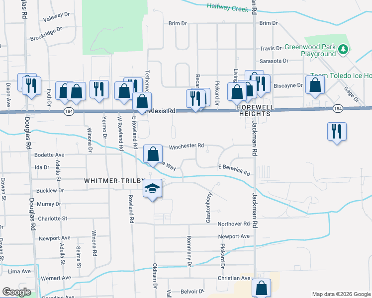 map of restaurants, bars, coffee shops, grocery stores, and more near 1922 Winchester Road in Toledo
