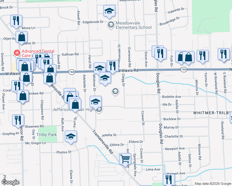 map of restaurants, bars, coffee shops, grocery stores, and more near 5601 Clegg Drive in Toledo