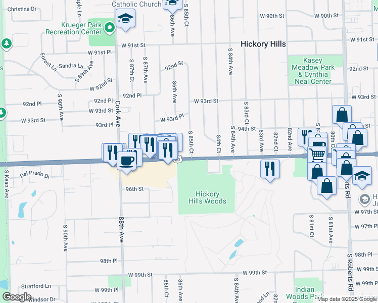 map of restaurants, bars, coffee shops, grocery stores, and more near 8530 West 95th Street in Hickory Hills
