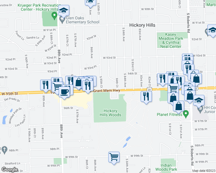 map of restaurants, bars, coffee shops, grocery stores, and more near 9466 Commons Drive in Hickory Hills