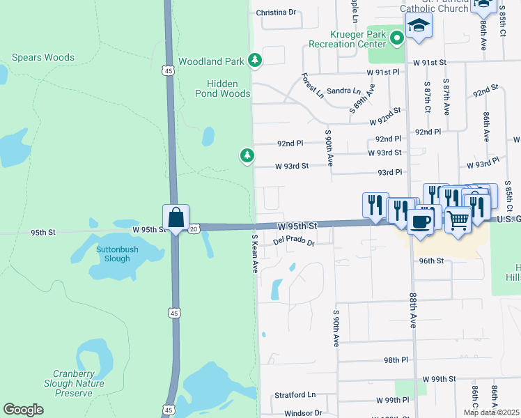 map of restaurants, bars, coffee shops, grocery stores, and more near 9403 Saratoga Court in Hickory Hills