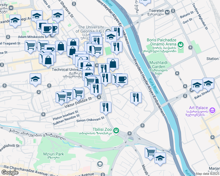 map of restaurants, bars, coffee shops, grocery stores, and more near Bidzina Kvernadze Street in Tbilisi