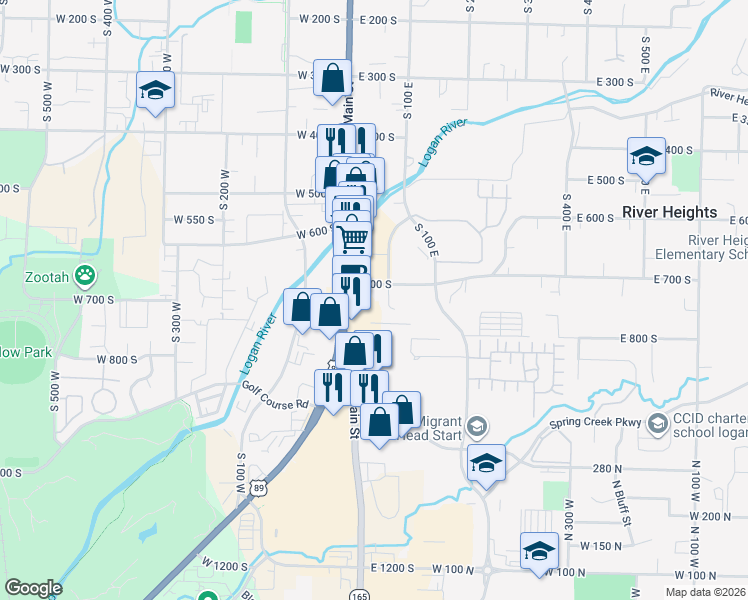 map of restaurants, bars, coffee shops, grocery stores, and more near 59 East 700 South in Logan