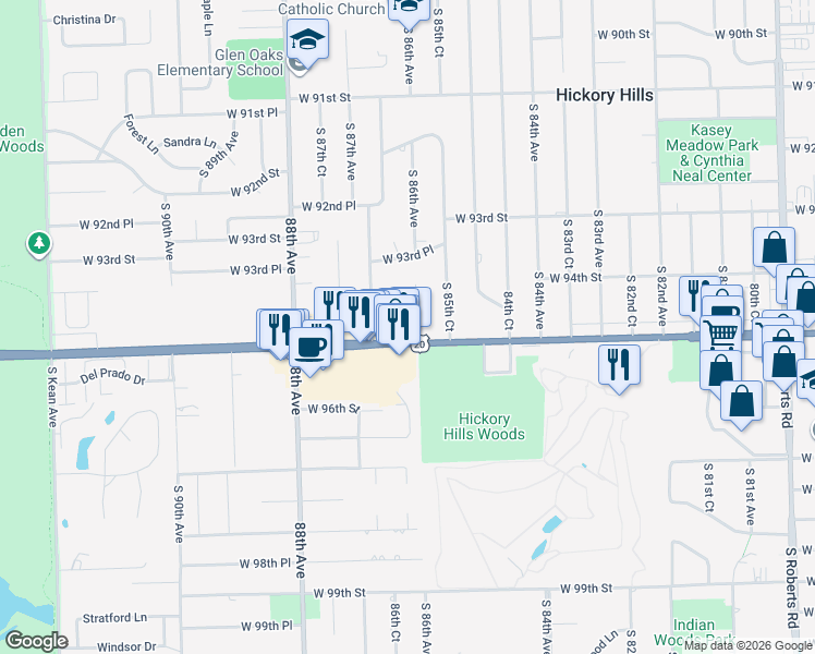 map of restaurants, bars, coffee shops, grocery stores, and more near 9450 Greenbriar Lane in Hickory Hills