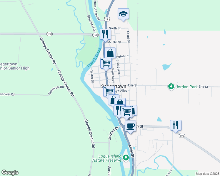 map of restaurants, bars, coffee shops, grocery stores, and more near 375 Main Street in Saegertown