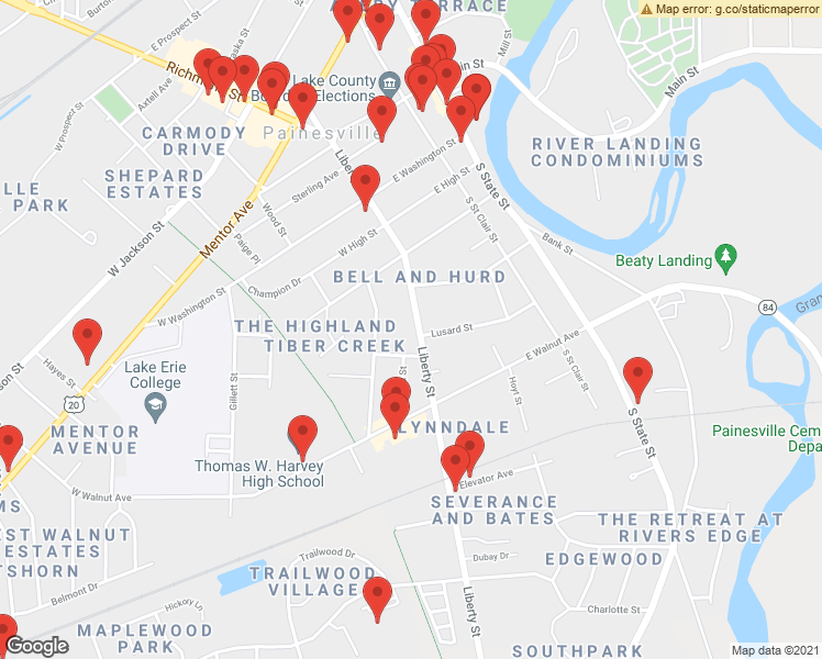 map of restaurants, bars, coffee shops, grocery stores, and more near 316 Liberty Street in Painesville