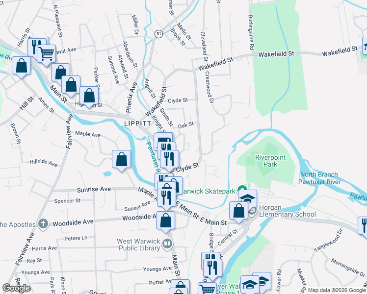 map of restaurants, bars, coffee shops, grocery stores, and more near 16 Westly Street in West Warwick