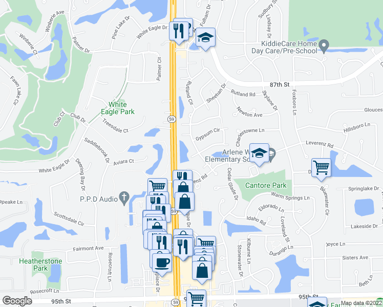 map of restaurants, bars, coffee shops, grocery stores, and more near 2459 Sheehan Drive in Naperville