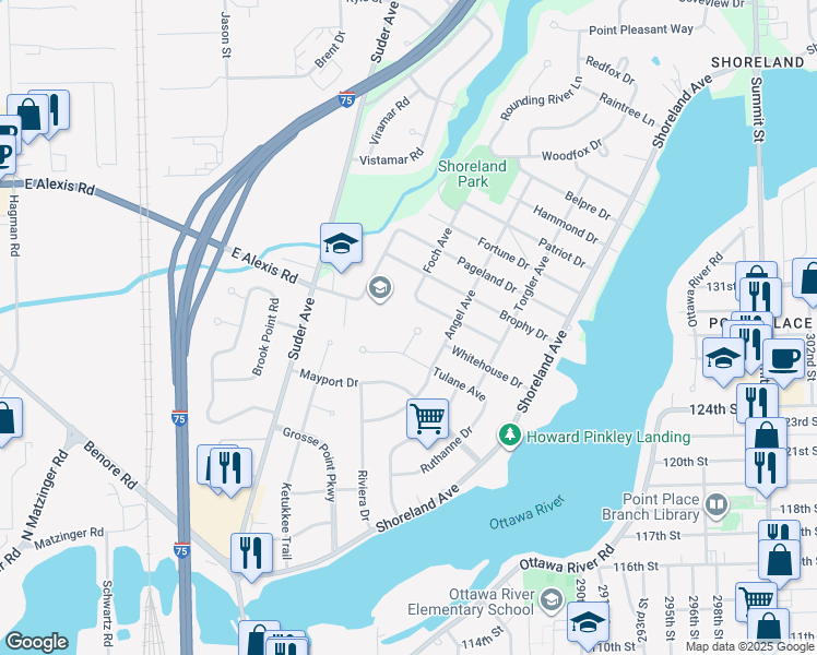 map of restaurants, bars, coffee shops, grocery stores, and more near 2325 Havencrest Court in Toledo