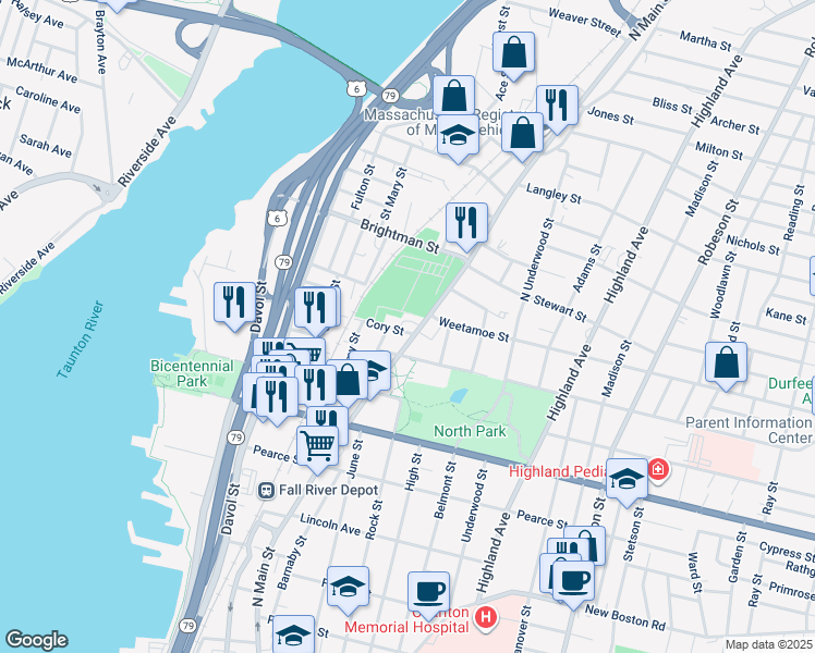 map of restaurants, bars, coffee shops, grocery stores, and more near in Fall River