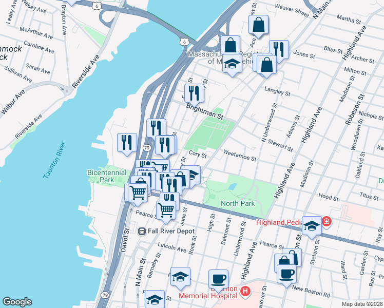 map of restaurants, bars, coffee shops, grocery stores, and more near 268 Cory Street in Fall River