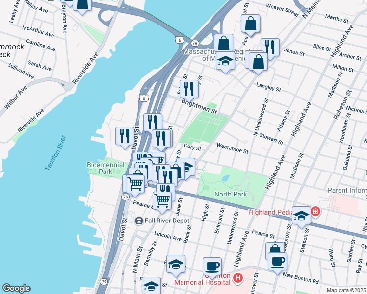 map of restaurants, bars, coffee shops, grocery stores, and more near 180 Cory Street in Fall River