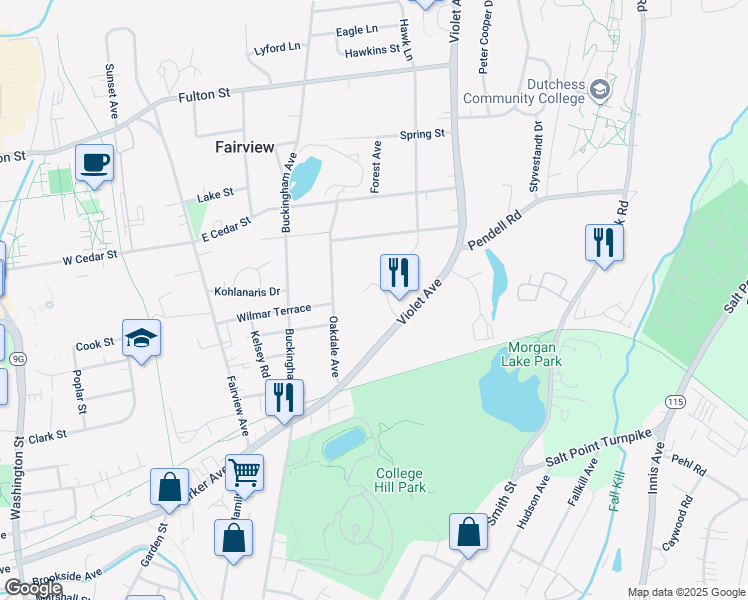 map of restaurants, bars, coffee shops, grocery stores, and more near 10 Eugene Court East in Poughkeepsie