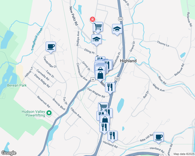 map of restaurants, bars, coffee shops, grocery stores, and more near 26 Main Street in Highland