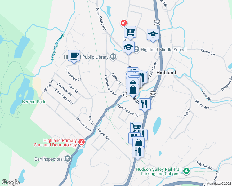 map of restaurants, bars, coffee shops, grocery stores, and more near 4 Leonta Court in Highland