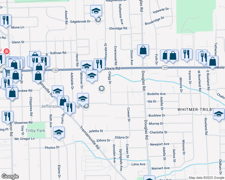 map of restaurants, bars, coffee shops, grocery stores, and more near 2657 West Alexis Road in Toledo