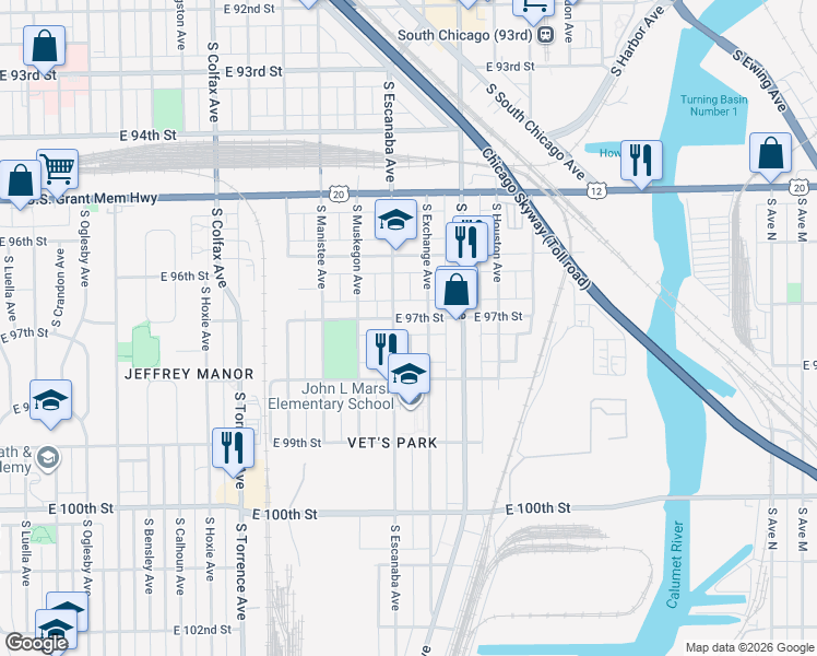 map of restaurants, bars, coffee shops, grocery stores, and more near 9655 South Escanaba Avenue in Chicago