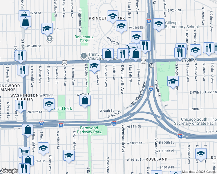 map of restaurants, bars, coffee shops, grocery stores, and more near 9608 South Yale Avenue in Chicago