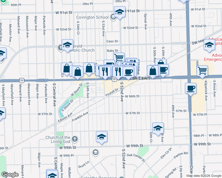 map of restaurants, bars, coffee shops, grocery stores, and more near 5219 West 95th Street in Oak Lawn