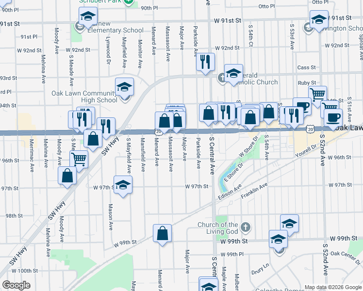 map of restaurants, bars, coffee shops, grocery stores, and more near 5719 95th Street in Oak Lawn