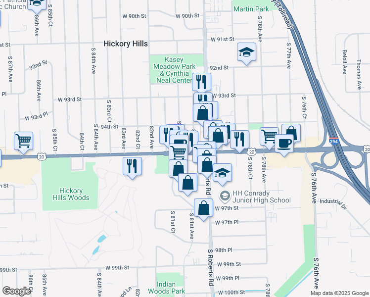 map of restaurants, bars, coffee shops, grocery stores, and more near 9426 South 81st Avenue in Hickory Hills