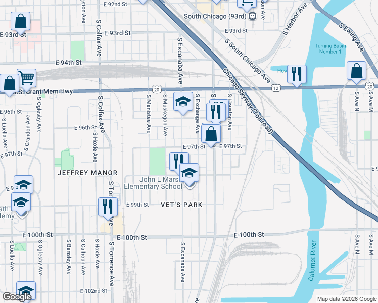 map of restaurants, bars, coffee shops, grocery stores, and more near 9655 South Escanaba Avenue in Chicago