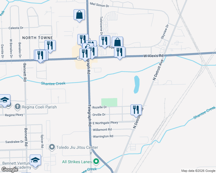map of restaurants, bars, coffee shops, grocery stores, and more near 5606 Telegraph Road in Toledo