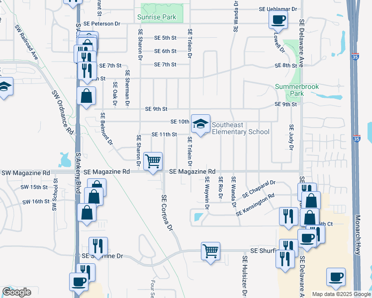 map of restaurants, bars, coffee shops, grocery stores, and more near 617 Southeast 11th Street in Ankeny