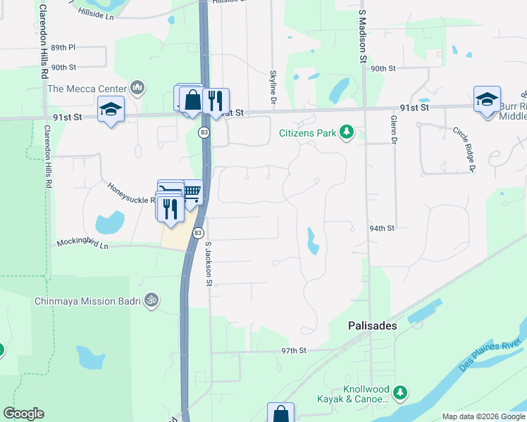 map of restaurants, bars, coffee shops, grocery stores, and more near 9360 Cascade Circle in Burr Ridge