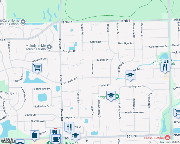 map of restaurants, bars, coffee shops, grocery stores, and more near 10S272 Alma Lane in Naperville