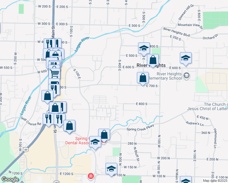 map of restaurants, bars, coffee shops, grocery stores, and more near 384 East 700 South in River Heights