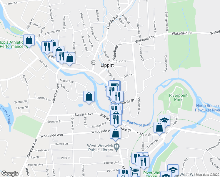 map of restaurants, bars, coffee shops, grocery stores, and more near 899 Main Street in West Warwick