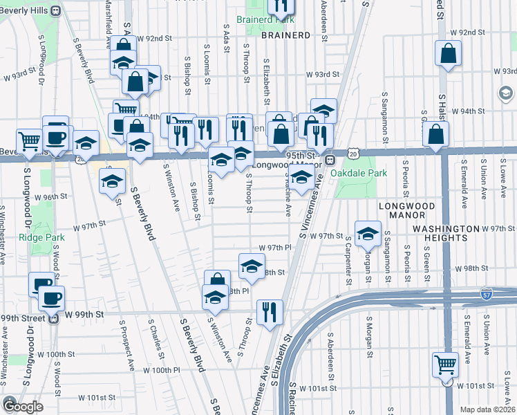 map of restaurants, bars, coffee shops, grocery stores, and more near 1243 West 96th Street in Chicago